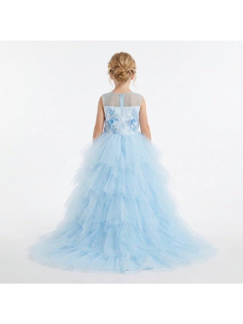 Girls Fairy Tale Princess Dress Ice Blue Tulle Floral Appliqué Birthday Party